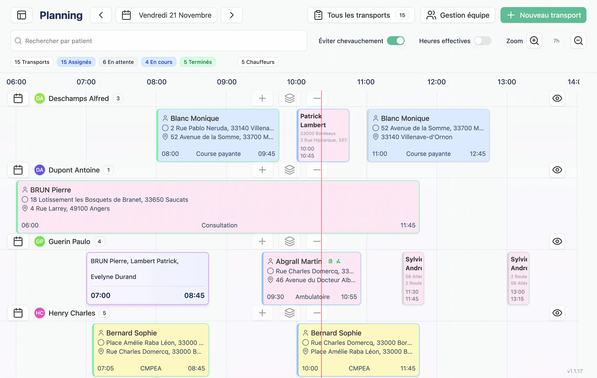 Interface de planning Ondy - Vue calendrier avec gestion des transports par chauffeur
