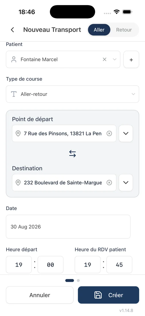 Formulaire de création d'un transport aller-retour dans Ondy