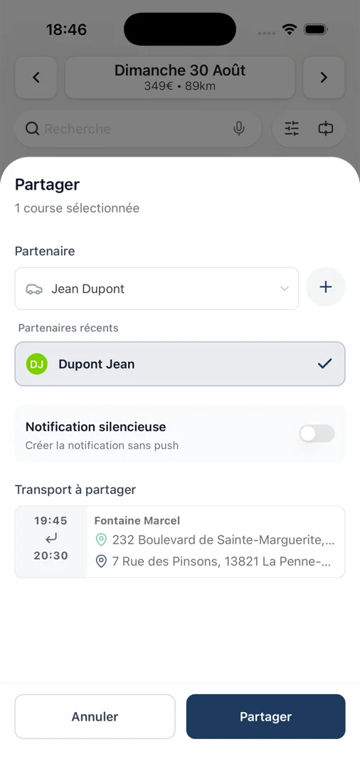 Partage d'une course à un partenaire dans Ondy