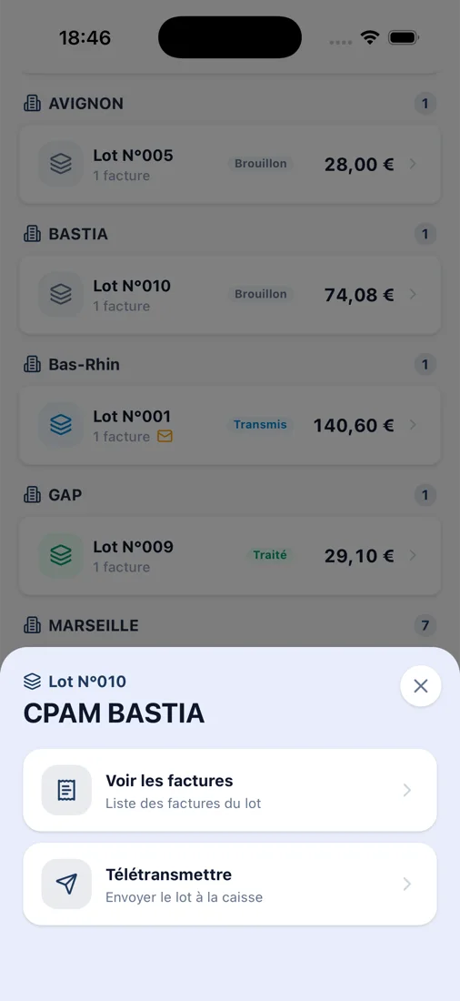 Télétransmission d'un lot de factures à la CPAM